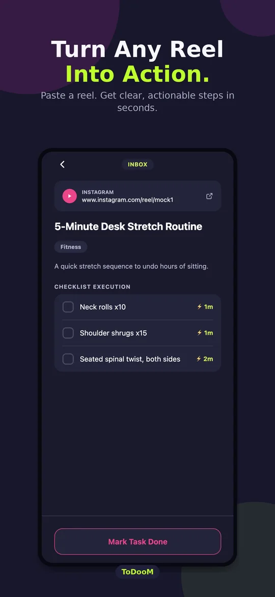 Reel turned into a step-by-step checklist with a Mark Task Done button