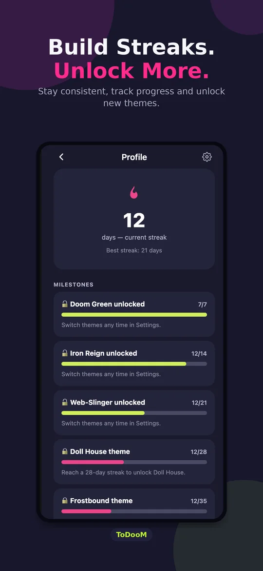 Profile screen with streak and unlockable themes